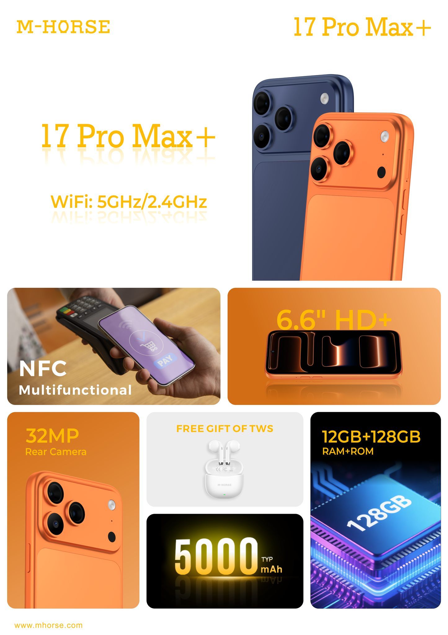 M HORSE 17 PRO MAX+ 128GB ROM + 12GB(6+6GB EXTENDED) RAM, 32MP+16MP AI CAMERA, 5000MAH, 6.6 HD+ INCELL PUNCH HOLE SCREEN, ANDROID 14, FACE ID. WITH FREE EARPODS+ ANTI DROP SHIELDCASE