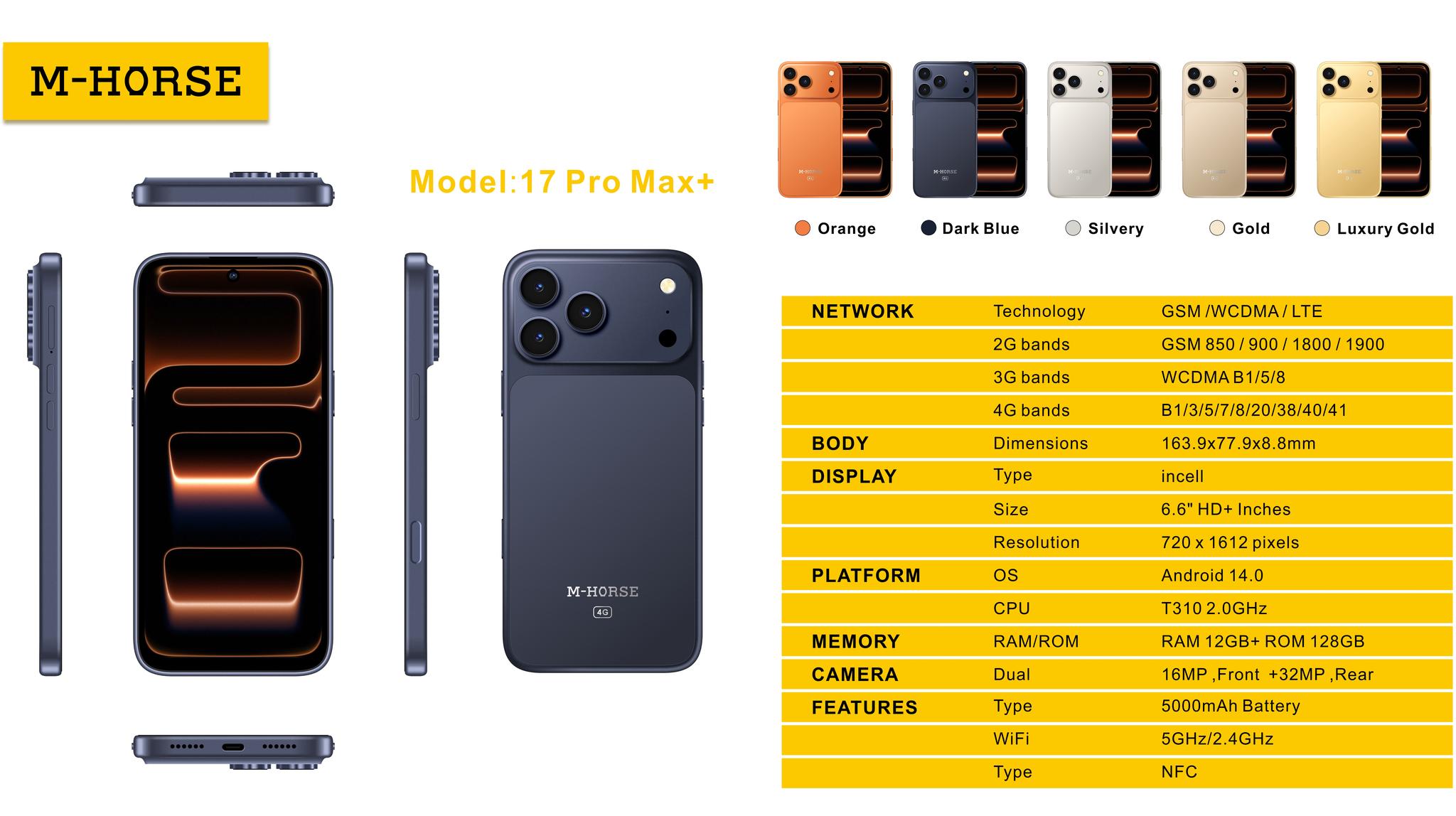 M HORSE 17 PRO MAX+ 128GB ROM + 12GB(6+6GB EXTENDED) RAM, 32MP+16MP AI CAMERA, 5000MAH, 6.6 HD+ INCELL PUNCH HOLE SCREEN, ANDROID 14, FACE ID. WITH FREE EARPODS+ ANTI DROP SHIELDCASE