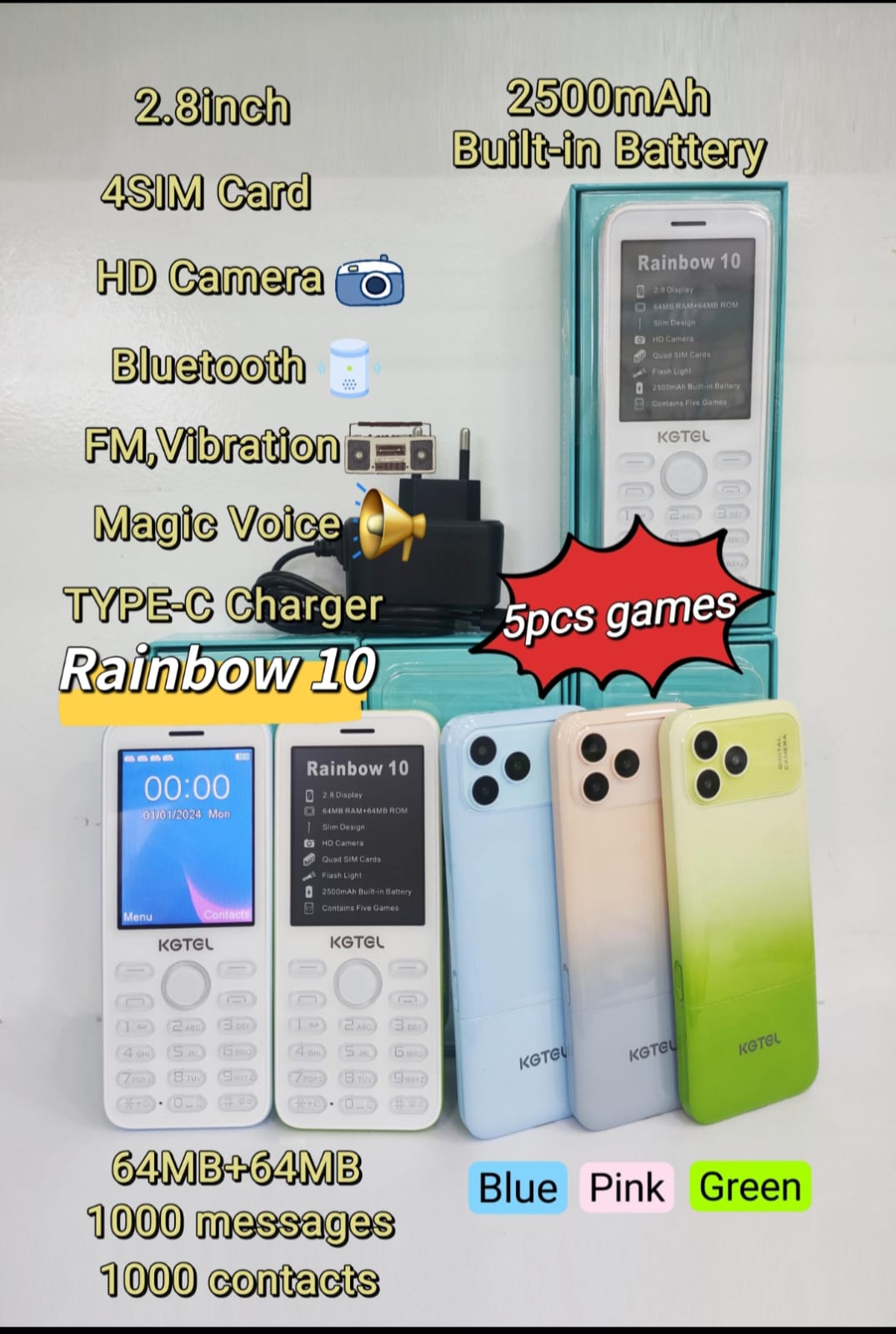 KGTEL RAINBOW 10 2500 mAh Inbuilt Battery 64MB Storage 2.8 inches quad Sim card Slim And Stylish Cell Phone type c charger featured phone