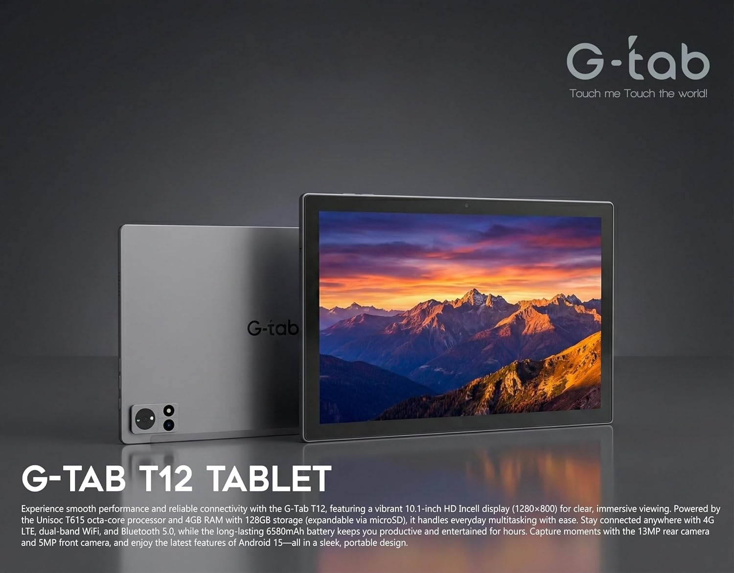 G-Tab T12 10GB RAM + Expandable Memory, 128GB Storage, 10.1 Inch– HD Display 6580mAh Long-Life Battery, 4G Dual SIM, WiFi, 13MP Camera, with Case & Stylus  Android 15 Tablet