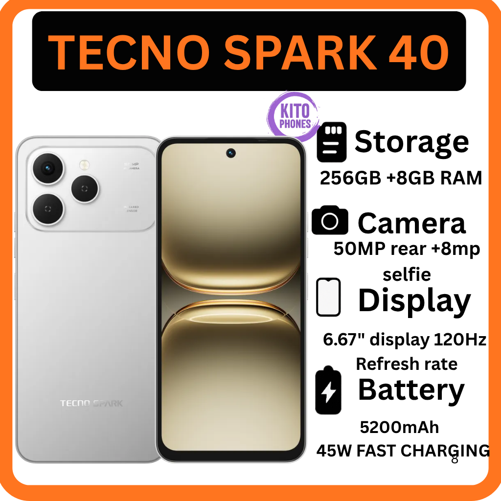 Tecno Spark 40 256GB + 8GB RAM 6.67'' Hole Screen Camera 50MP Main Camera 8MP Front Camera 45W Super Charging 5200mAh BatterySide Fingerprint Free call without signal smartphone