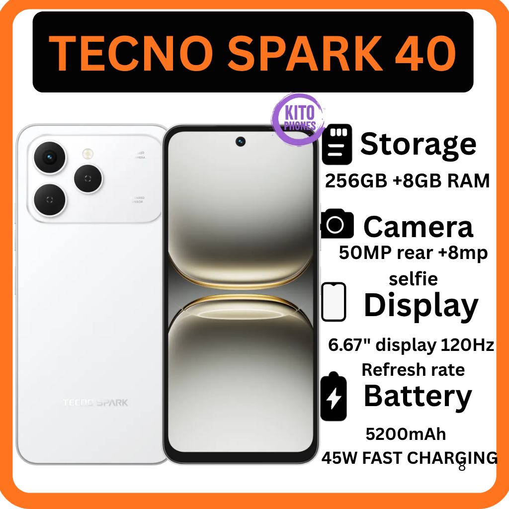 Tecno Spark 40 256GB + 8GB RAM 6.67'' Hole Screen Camera 50MP Main Camera 8MP Front Camera 45W Super Charging 5200mAh BatterySide Fingerprint Free call without signal smartphone