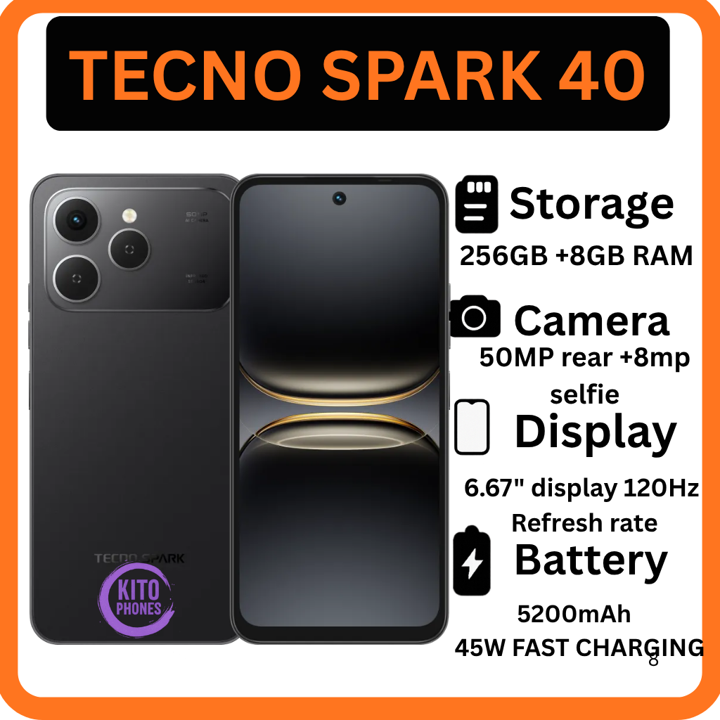 Tecno Spark 40 256GB + 8GB RAM 6.67'' Hole Screen Camera 50MP Main Camera 8MP Front Camera 45W Super Charging 5200mAh BatterySide Fingerprint Free call without signal smartphone