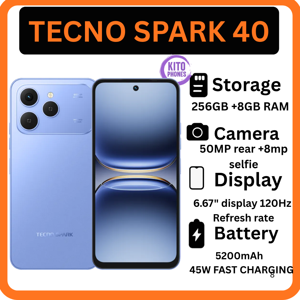 Tecno Spark 40 256GB + 8GB RAM 6.67'' Hole Screen Camera 50MP Main Camera 8MP Front Camera 45W Super Charging 5200mAh BatterySide Fingerprint Free call without signal smartphone