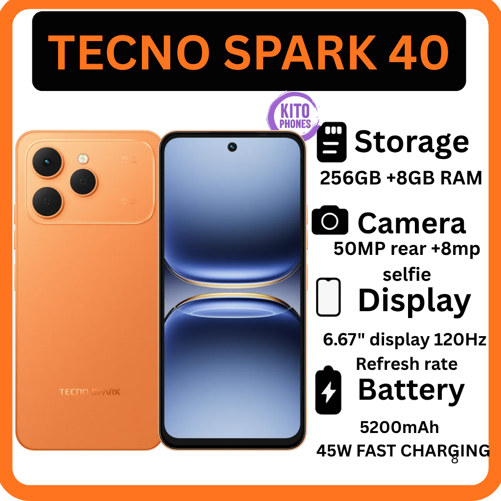 Tecno Spark 40 256GB + 8GB RAM 6.67'' Hole Screen Camera 50MP Main Camera 8MP Front Camera 45W Super Charging 5200mAh BatterySide Fingerprint Free call without signal smartphone