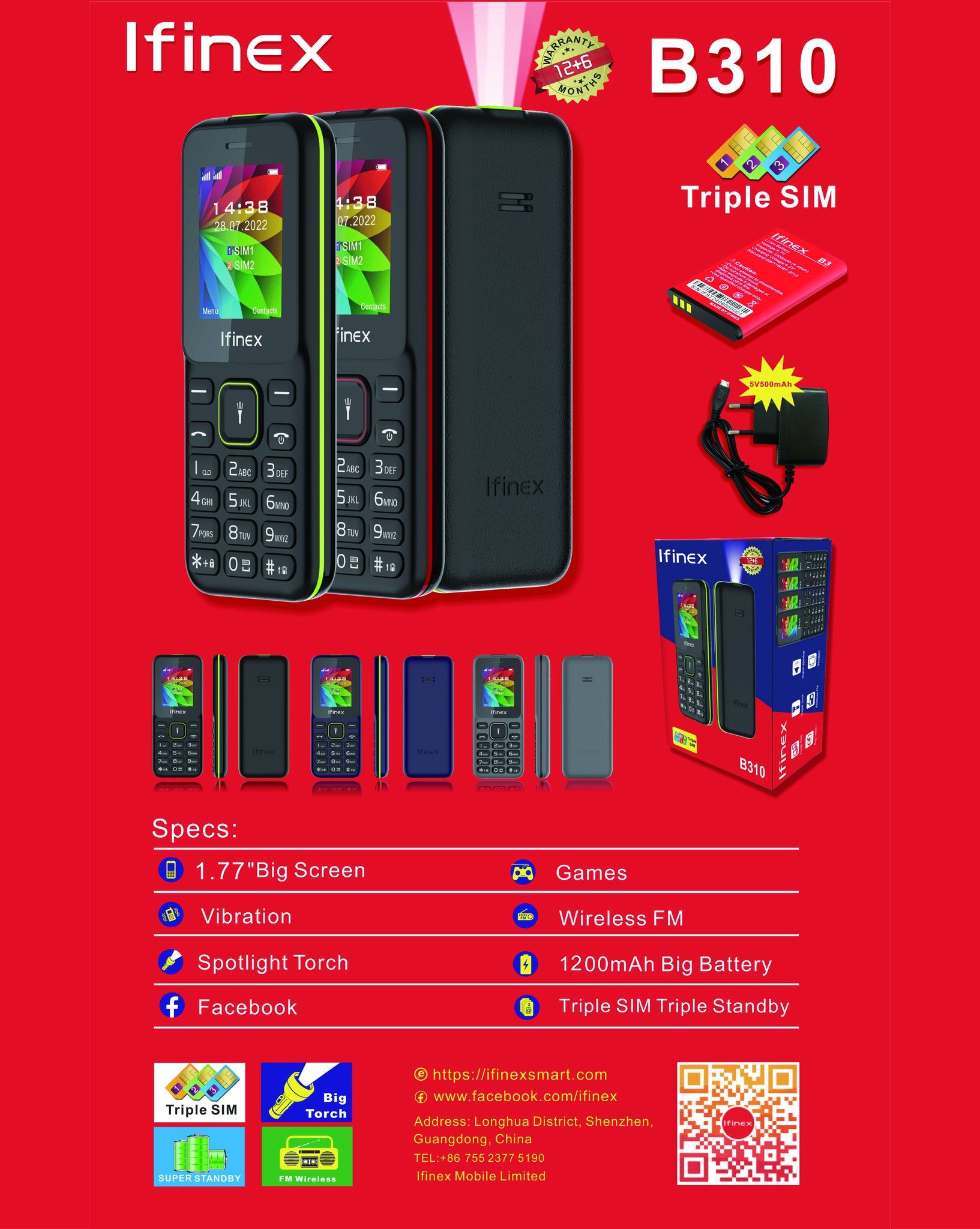 NEW IFINEX B310 TRIPLE SIM THREE-3 SIM CARD 1.77'' screen 1200mAh battery BIG TORCH KABAMBE/KATULULU/MULIKA MWIZI/BUTTON FEATURE PHONE