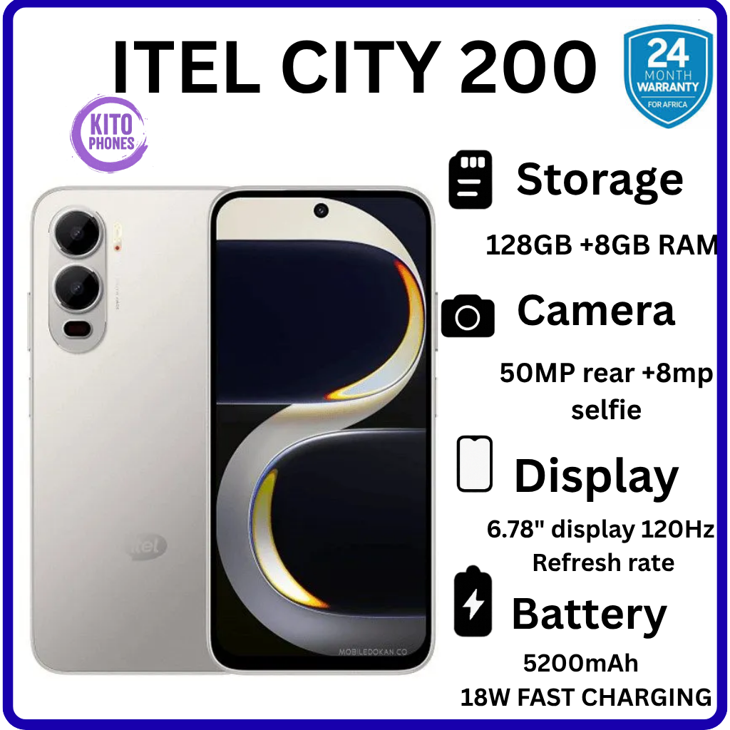 BRAND NEW itel CITY 200 128GB ROM+8GB(4+4GB) EXTENDED RAM 6.78" Dual SIM 4G Network 50MP Camera+ 8MP SELFIE 18W Charging 5200mAh Battery Android 15 Fingerprint Unlock Smart Phones  +FREE GIFTS FOR YOU