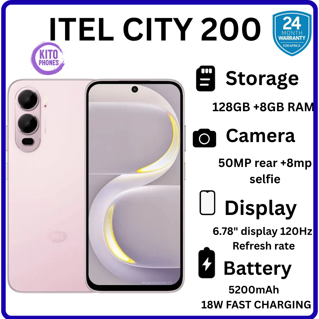 BRAND NEW itel CITY 200 128GB ROM+8GB(4+4GB) EXTENDED RAM 6.78" Dual SIM 4G Network 50MP Camera+ 8MP SELFIE 18W Charging 5200mAh Battery Android 15 Fingerprint Unlock Smart Phones  +FREE GIFTS FOR YOU