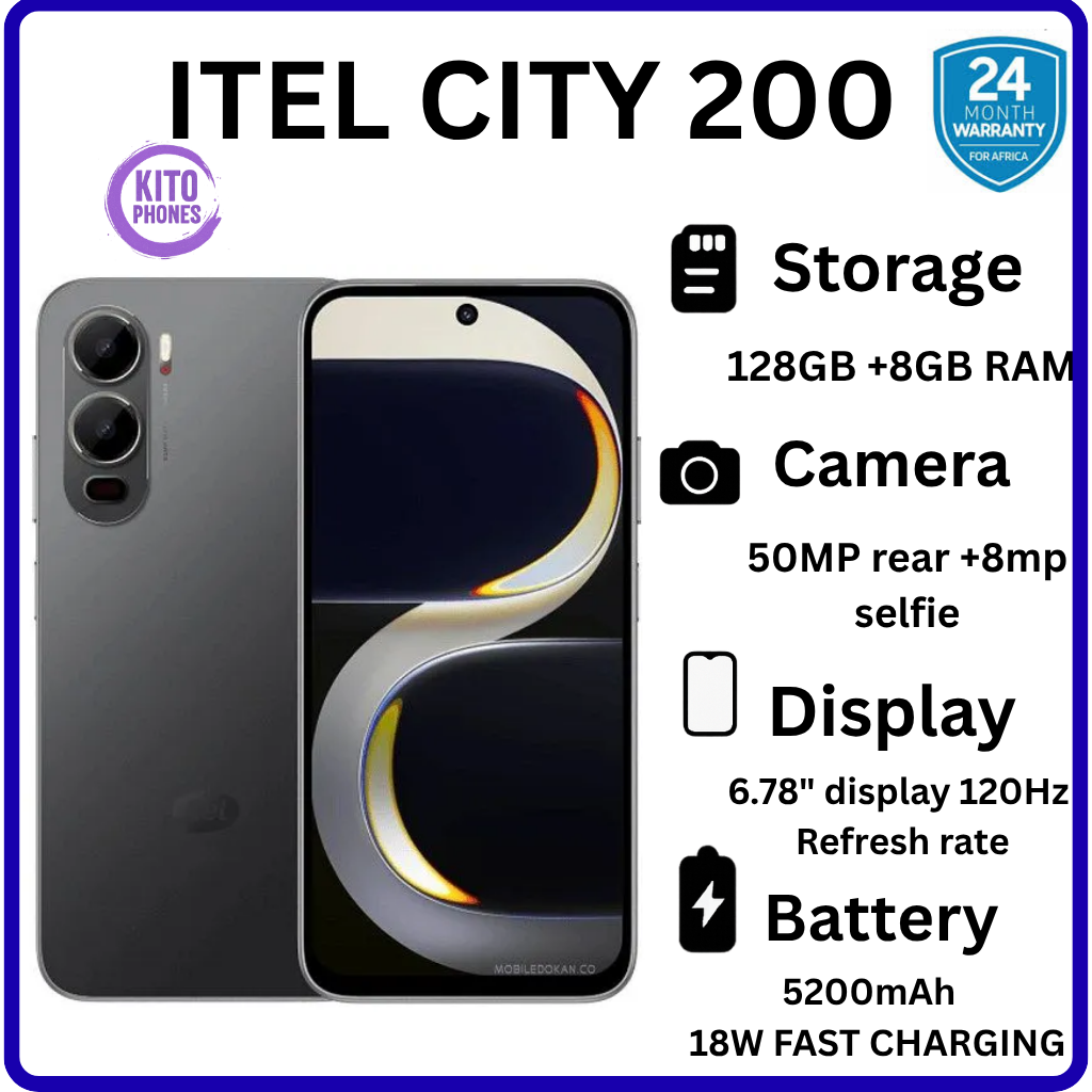 BRAND NEW itel CITY 200 128GB ROM+8GB(4+4GB) EXTENDED RAM 6.78" Dual SIM 4G Network 50MP Camera+ 8MP SELFIE 18W Charging 5200mAh Battery Android 15 Fingerprint Unlock Smart Phones  +FREE GIFTS FOR YOU