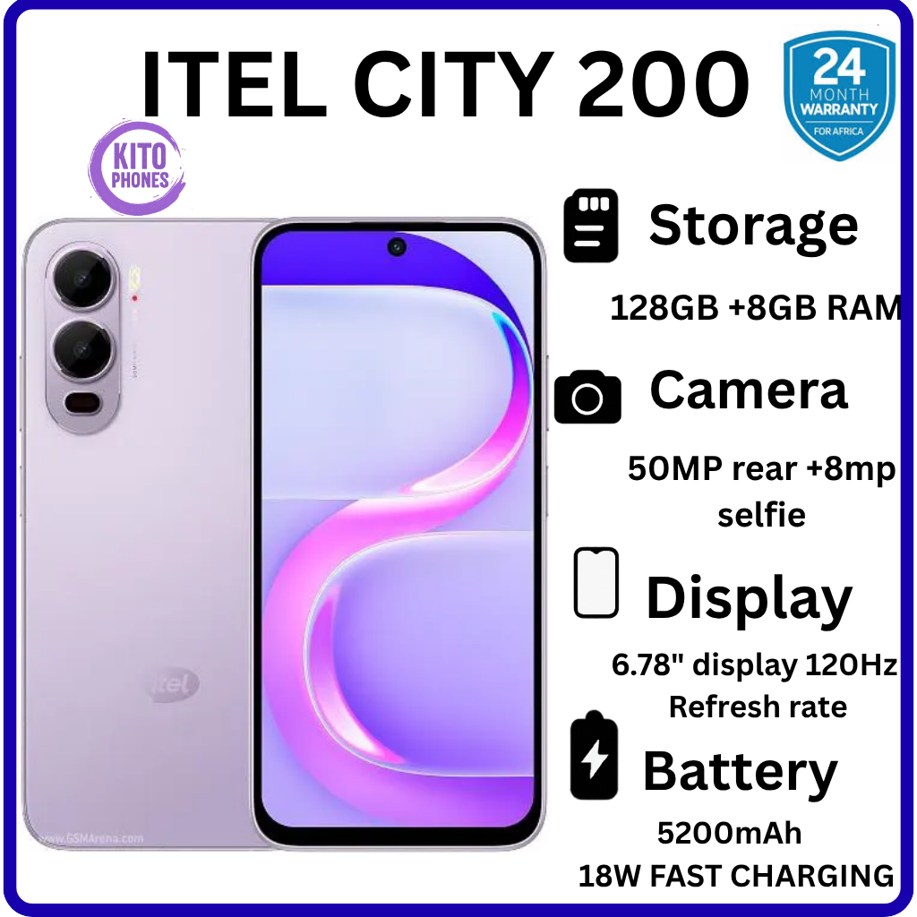 BRAND NEW itel CITY 200 128GB ROM+8GB(4+4GB) EXTENDED RAM 6.78" Dual SIM 4G Network 50MP Camera+ 8MP SELFIE 18W Charging 5200mAh Battery Android 15 Fingerprint Unlock Smart Phones  +FREE GIFTS FOR YOU