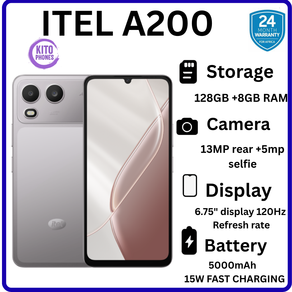 BRAND NEW ITEL A200 128GB ROM+8GB(3+5GB) EXTENDED RAM 6.75" Dual SIM 4G Network 13MP Camera+ 5MP SELFIE 15W Charging 5000mAh Battery Android 15 Fingerprint Unlock Smart Phones+FREE GIFTS FOR YOU