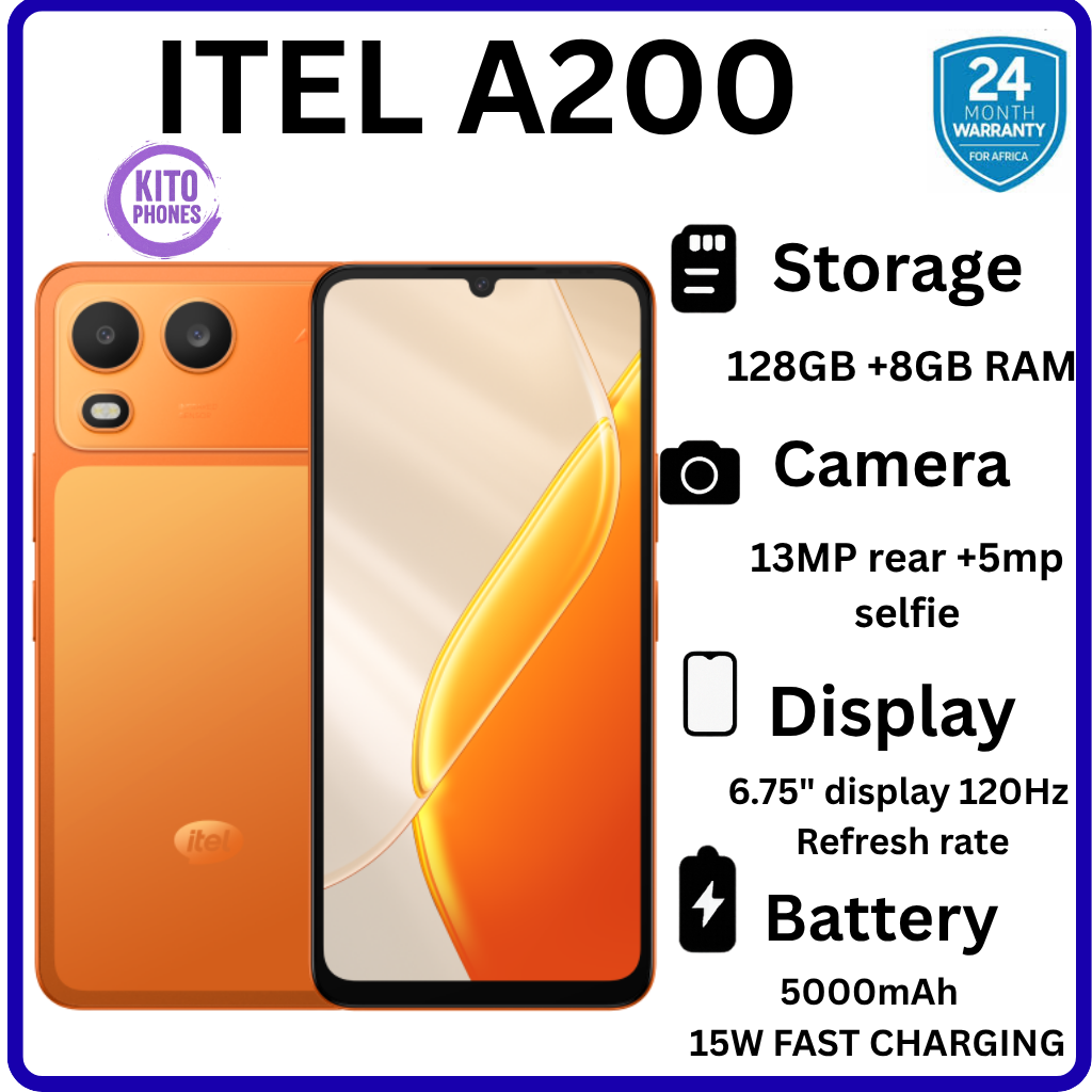 BRAND NEW ITEL A200 128GB ROM+8GB(3+5GB) EXTENDED RAM 6.75" Dual SIM 4G Network 13MP Camera+ 5MP SELFIE 15W Charging 5000mAh Battery Android 15 Fingerprint Unlock Smart Phones+FREE GIFTS FOR YOU