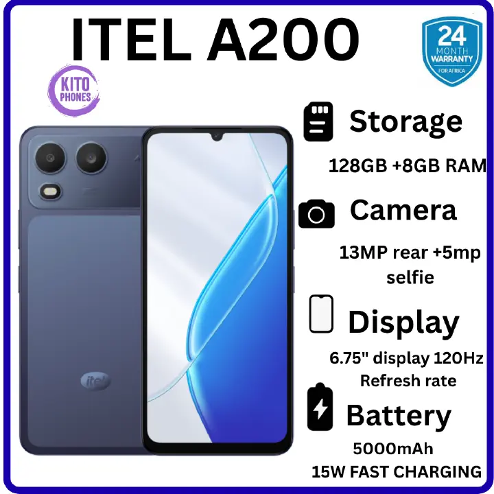 BRAND NEW ITEL A200 128GB ROM+8GB(3+5GB) EXTENDED RAM 6.75" Dual SIM 4G Network 13MP Camera+ 5MP SELFIE 15W Charging 5000mAh Battery Android 15 Fingerprint Unlock Smart Phones
