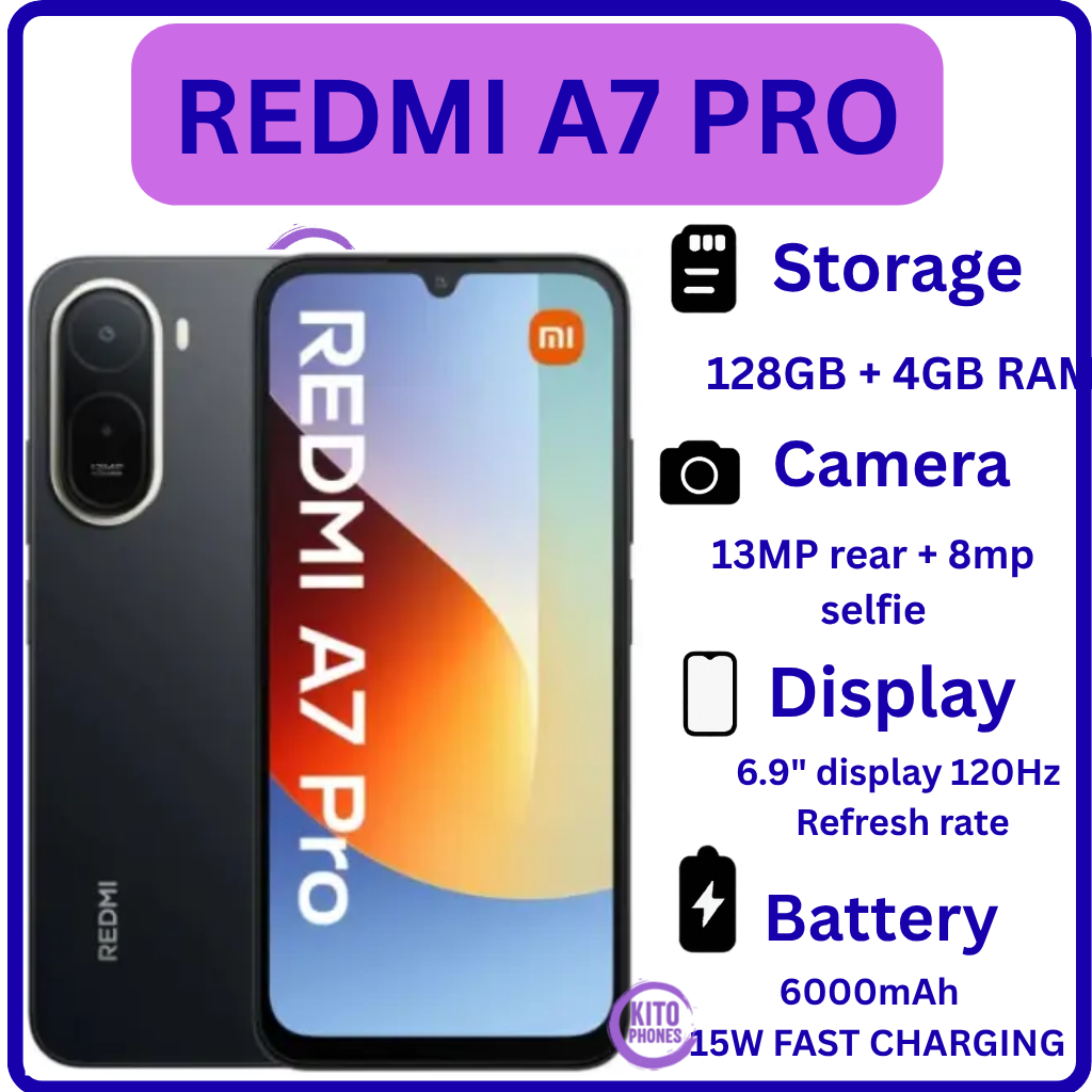 BRAND NEW XIAOMI REDMI A7 PRO, 4GB RAM + 128GB ROM STORAGE, 6.9" SCREEN SIZE 13MP CAMERA+8MP SELFIE 6000mAh BATTERY, ANDROID 16, IPS LCD, 120Hz, Unisoc T7250, SIDE MOUNTED FINGERPRINT SMARTPHONE
