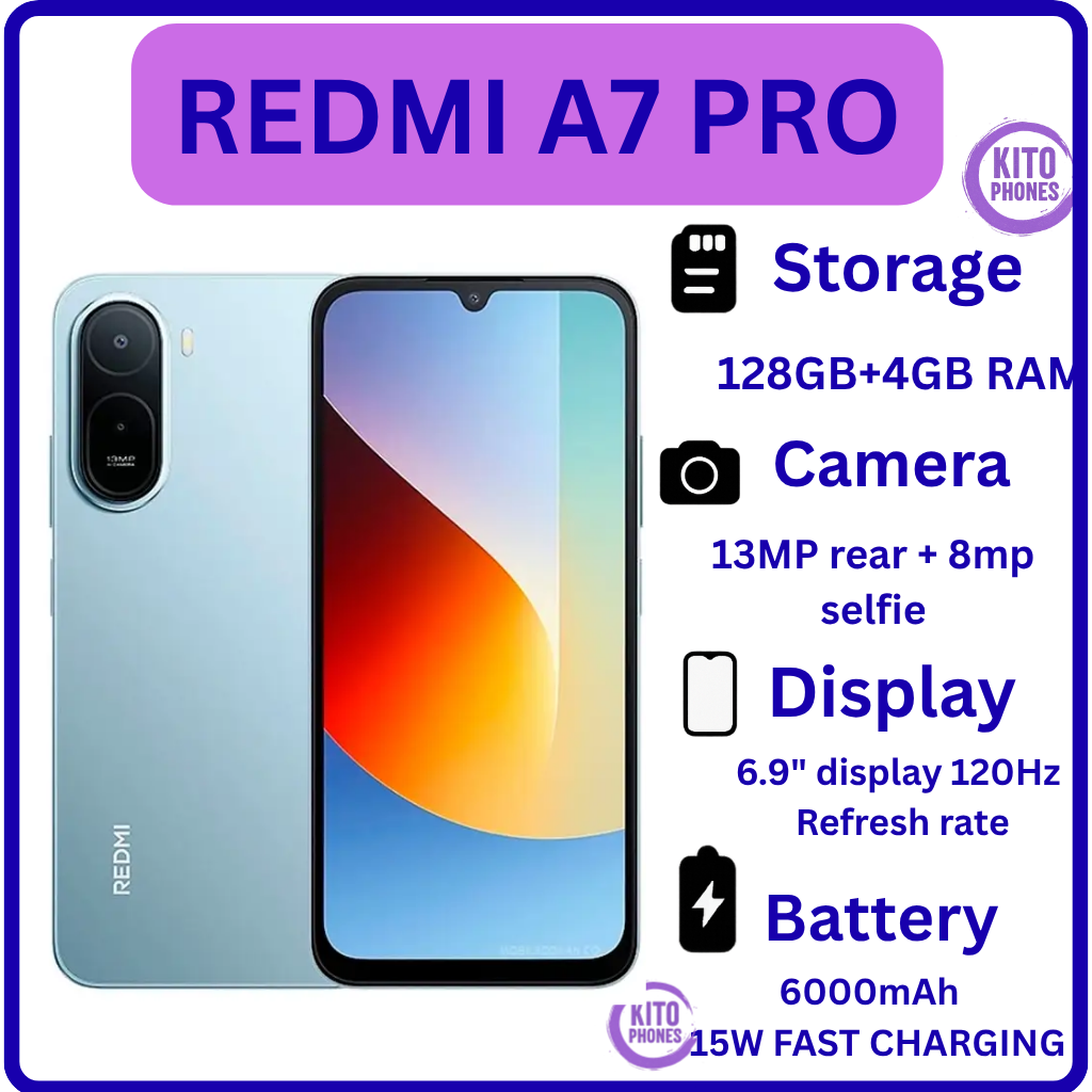 BRAND NEW XIAOMI REDMI A7 PRO, 4GB RAM + 128GB ROM STORAGE, 6.9" SCREEN SIZE 13MP CAMERA+8MP SELFIE 6000mAh BATTERY, ANDROID 16, IPS LCD, 120Hz, Unisoc T7250, SIDE MOUNTED FINGERPRINT SMARTPHONE