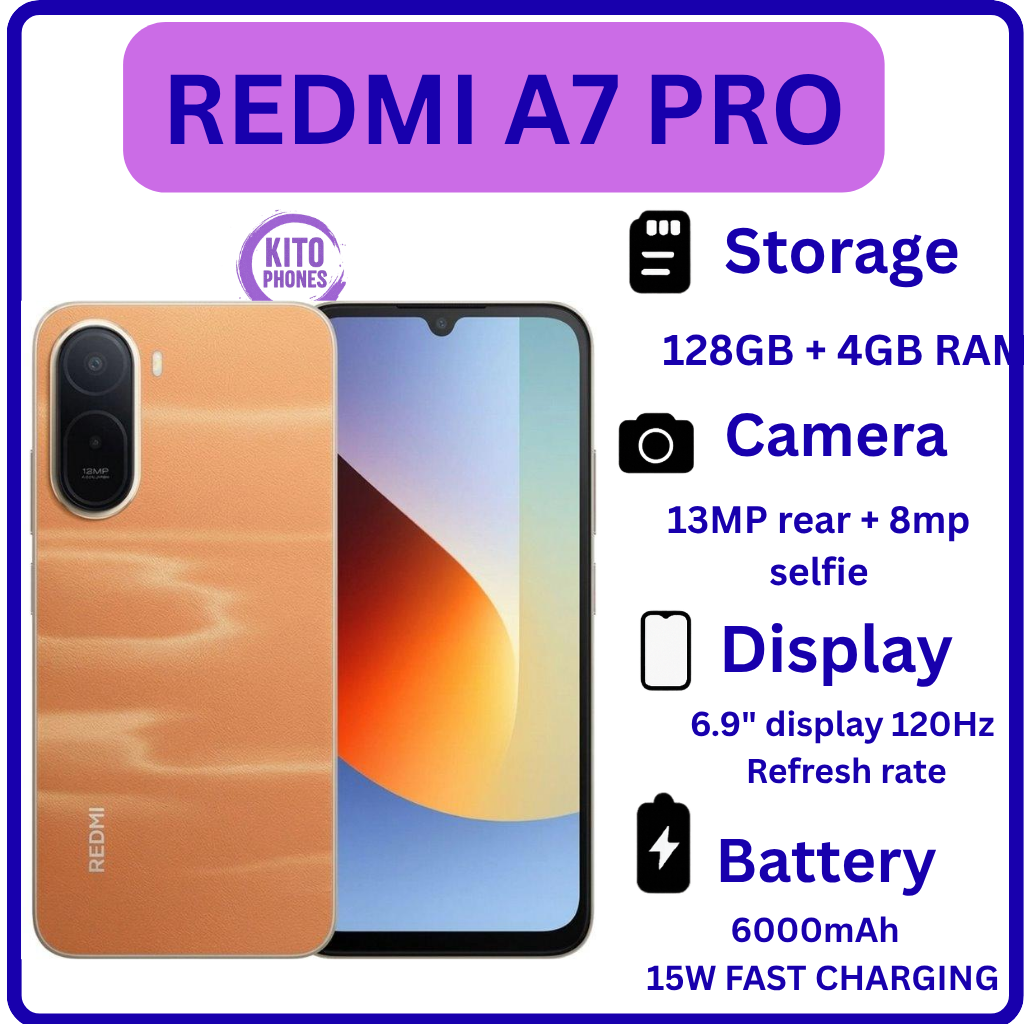 BRAND NEW XIAOMI REDMI A7 PRO, 4GB RAM + 128GB ROM STORAGE, 6.9" SCREEN SIZE 13MP CAMERA+8MP SELFIE 6000mAh BATTERY, ANDROID 16, IPS LCD, 120Hz, Unisoc T7250, SIDE MOUNTED FINGERPRINT SMARTPHONE