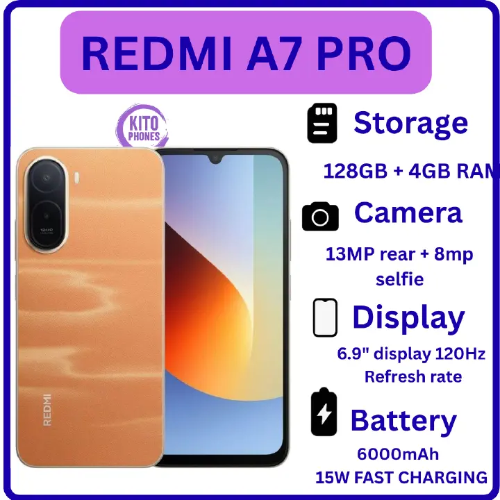 BRAND NEW XIAOMI REDMI A7 PRO, 4GB RAM + 128GB ROM STORAGE, 6.9" SCREEN SIZE 13MP CAMERA+8MP SELFIE 6000mAh BATTERY, ANDROID 16, IPS LCD, 120Hz, Unisoc T7250, SIDE MOUNTED FINGERPRINT SMARTPHONE