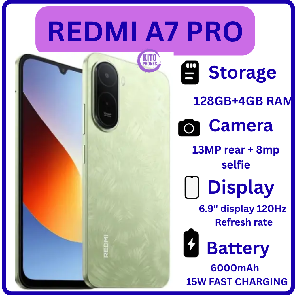 BRAND NEW XIAOMI REDMI A7 PRO, 4GB RAM + 128GB ROM STORAGE, 6.9" SCREEN SIZE 13MP CAMERA+8MP SELFIE 6000mAh BATTERY, ANDROID 16, IPS LCD, 120Hz, Unisoc T7250, SIDE MOUNTED FINGERPRINT SMARTPHONE