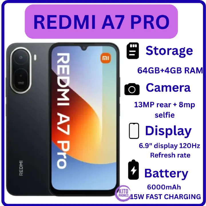 BRAND NEW REDMI A7 PRO, 4GB RAM + 64GB ROM STORAGE, 6.9" SCREEN SIZE 13MP CAMERA+8MP SELFIE 6000mAh BATTERY, ANDROID 16, IPS LCD, 120Hz, Unisoc T7250, SIDE MOUNTED FINGERPRINT SMARTPHONE