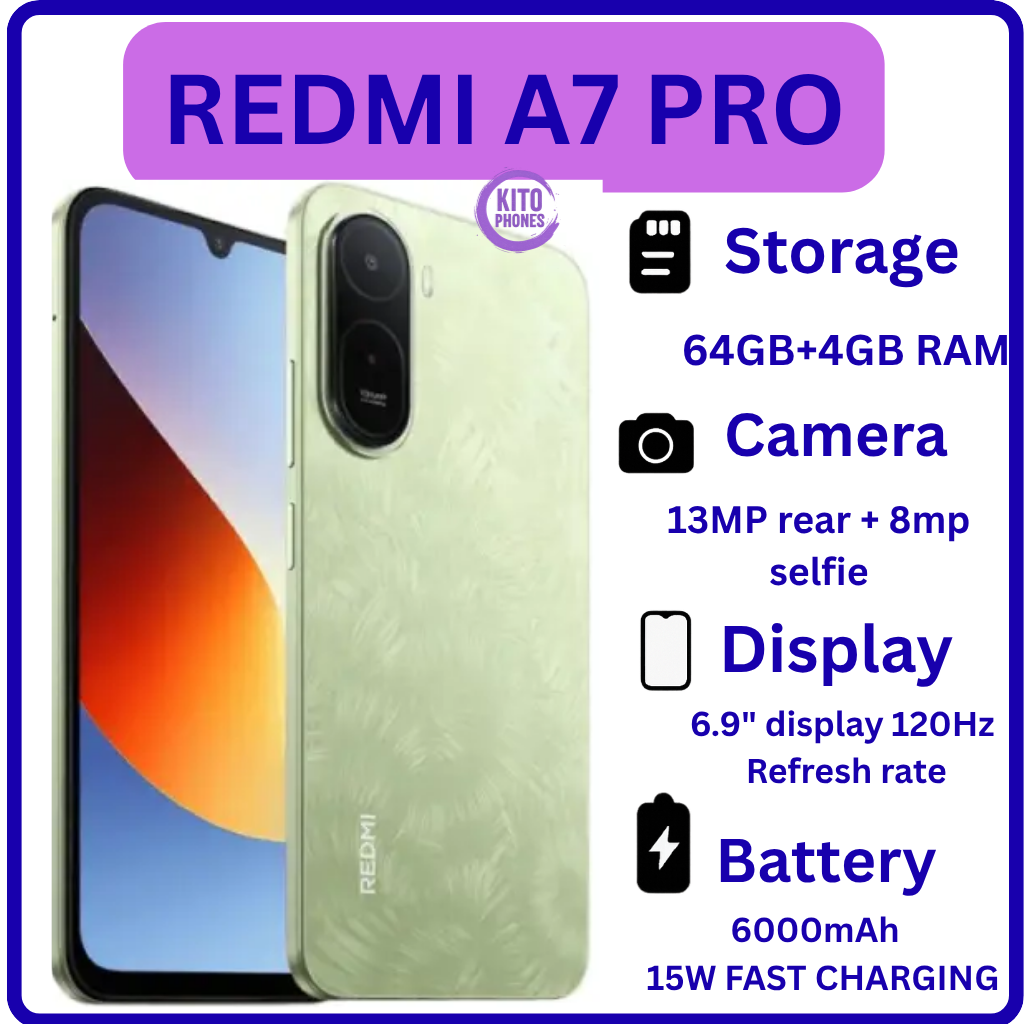 BRAND NEW XIAOMI REDMI A7 PRO, 4GB RAM + 64GB ROM STORAGE, 6.9" SCREEN SIZE 13MP CAMERA+8MP SELFIE 6000mAh BATTERY, ANDROID 16, IPS LCD, 120Hz, Unisoc T7250, SIDE MOUNTED FINGERPRINT SMARTPHONE