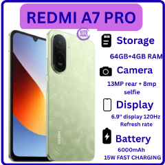 BRAND NEW XIAOMI REDMI A7 PRO, 4GB RAM + 64GB ROM STORAGE, 6.9" SCREEN SIZE 13MP CAMERA+8MP SELFIE 6000mAh BATTERY, ANDROID 16, IPS LCD, 120Hz, Unisoc T7250, SIDE MOUNTED FINGERPRINT SMARTPHONE