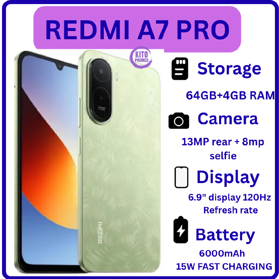 BRAND NEW XIAOMI REDMI A7 PRO, 4GB RAM + 64GB ROM STORAGE, 6.9" SCREEN SIZE 13MP CAMERA+8MP SELFIE 6000mAh BATTERY, ANDROID 16, IPS LCD, 120Hz, Unisoc T7250, SIDE MOUNTED FINGERPRINT SMARTPHONE