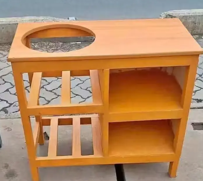 Modern and classic wooden kitchen table with built-in racks, crafted for durability and style. Suitable for a 6KG cooking Meko, as shown in the picture.