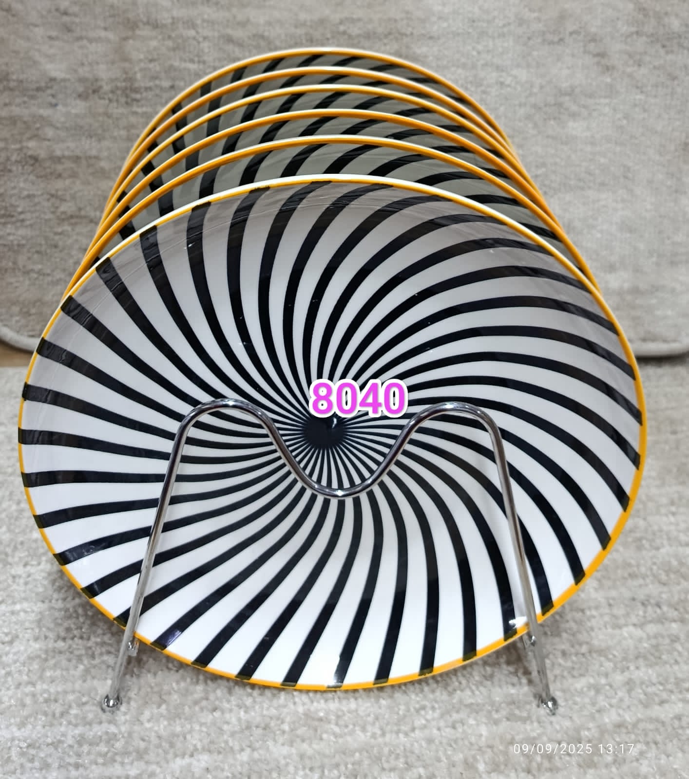 PLATES. 6 pieces Black stripped Ceramic plates. Extra Strong, Light and portable, Multiple use, Easy to clean, Microwave safe