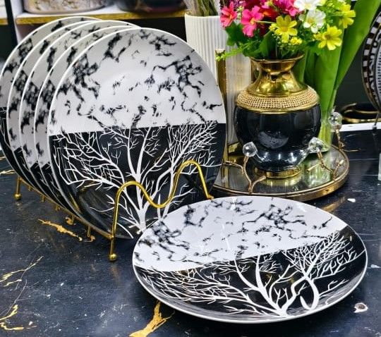 PLATES. 6pcs Ceramics White/black beautiful dinner Tree plates, Easy to clean, Microwave safe, Perfect for gifting, Chip-resistant, stain-resistant, and heat-safe, Microwave and dishwasher friendly.