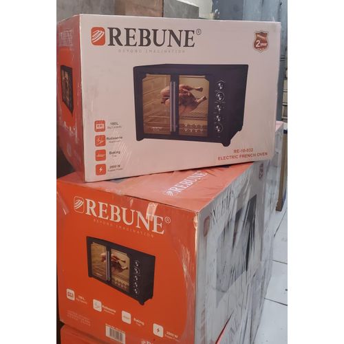 OVEN. Rebune 100 litres commercial double door oven, 60-minute timer with bell ring, 100-250 degree adjustable, Stainless steel heating elements, with convection and heat distribution function.