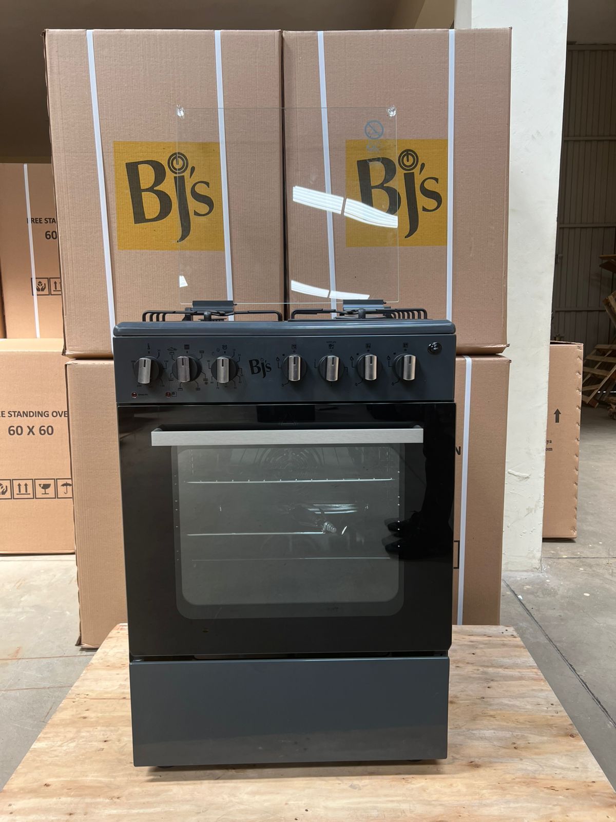 HIGHLY RECOMMENDED. COOKER. New model grey BJS 60X60 3-GAS+1 Hot Plate With Turbo-FAN,Rotisserie, Mechanical Timer, Thermostat, Oven Lamp, Double Glass Oven Door