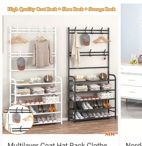 All in 1 Multifunctional 5 Tier Shoe Rack Organizer + Simple Floor Coat Hat Rack with 8 hooks