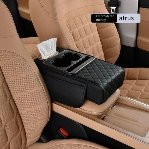 Leather Center Console Cover with Cup Holder, Booster Car Armrest Cover for Protecting Car Armrest Box & Car Decorations, Universal Car Accessories Interior Fits Cars, SUVs, Trucks