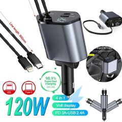 4 In 1 Retractable Super Fast Car Charger With Dual USB Ports & LED Display.