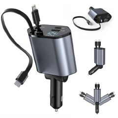 4 In 1 Retractable Super Fast Car Charger With Dual USB Ports & LED Display