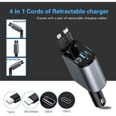 4 in 1 Retractable Super Fast Car Charger with Dual USB ports & LED Display.
