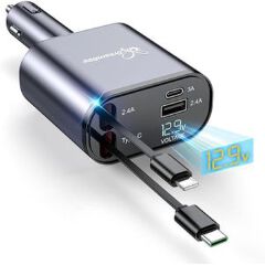 4 in 1 Retractable Super Fast Car Charger with Dual USB ports & LED Display.