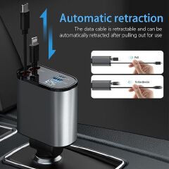 4 in 1 Retractable Super Fast Car Charger with Dual USB ports & LED Display.