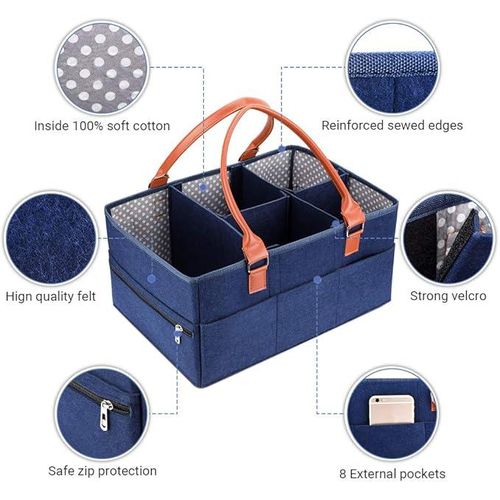Large Portable Nappy Storage Basket with Detachable Divider, Felt Fabric Baby Diaper Caddy, Navy, for Nursery and Travel
