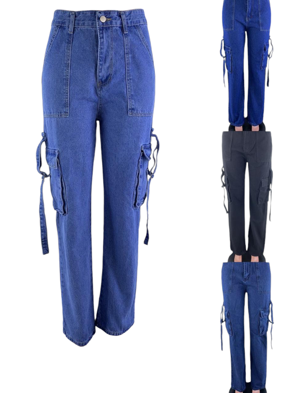 High quality denim cargo pants/ mom jeans Women's Wide Leg Casual Pants with Eight Pockets, High Waisted Cargo Pants, Combat Military Trousers