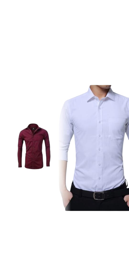 2pcs Fashion Mens Solid Long Sleeve Dress Shirts Maroon and white