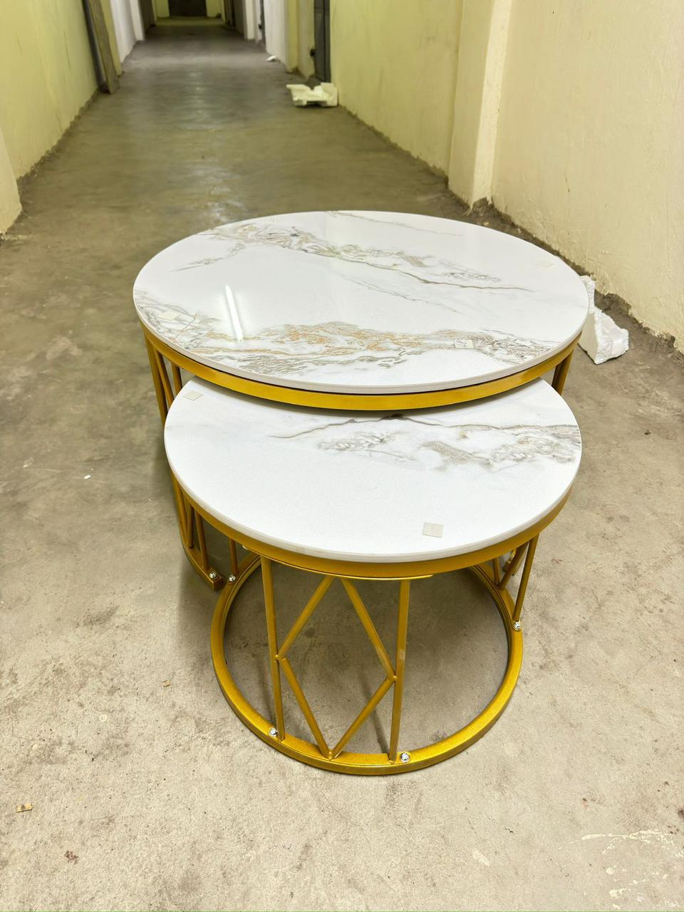 PURE MARBLE NESTING COFFEE TABLE Size:70/50cm
 Gold Metal leg design 
Round Coffee  Nesting table set