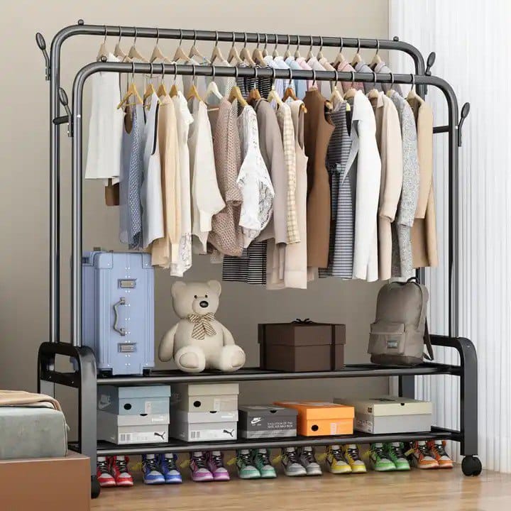 Multipurpose Double rod Hanger. Double Garment Rack Heavy Duty Metal Cloth Rail with 2 Bottom Shelf Coat Jacket Hanging Hanger Shoe Stand for Home, Hotel, Shop Wardrobe Space Organizer