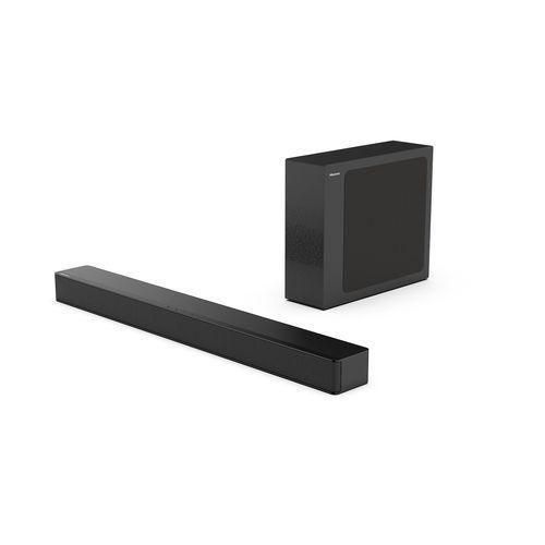 Hisense 240 watts 2.1CH hs2100 This soundbar includes two full-range speakers and a wireless subwoofer. Therefore, you get both clear dialogue and deep bass. In addition, the 240W output ensures rich