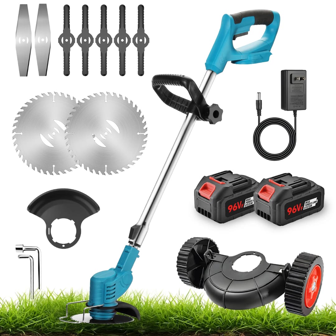 96v cordless lawn mowers with wheels Cordless lawn mower/Grass cutter with two rechargeable batteries, adjustable handle and two pair of wheels