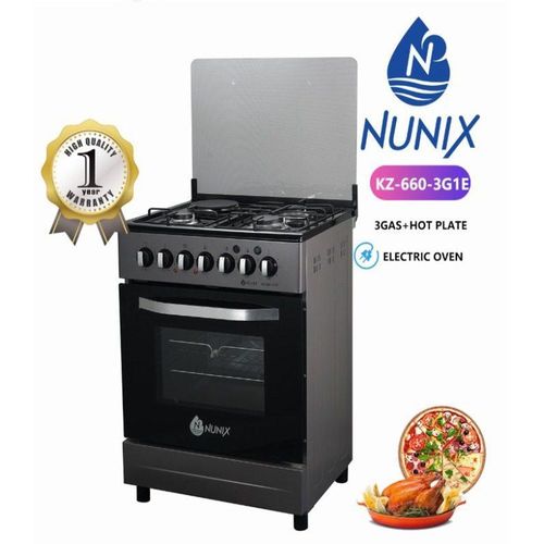 CLEARANCE OFFER Nunix 60×60 Freestanding Cooker – 3 Gas Burners + 1 Electric Plate, Electric Oven, Auto-Ignition