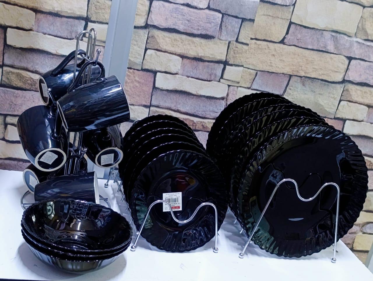 24 pcs dinner set blackconsisting of 6 cups ,6 salad plates,6 bowls,6 dinner plates Ideal for both home and commercial use Elegant and adorable design