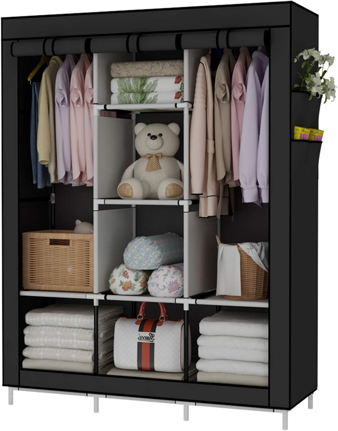 Portable Wooden  Wardrobe Closet Clothes Organizer No-Woven Fabric Cover with Storage Shelves, 2 Hanging Sections Cabinet Closet