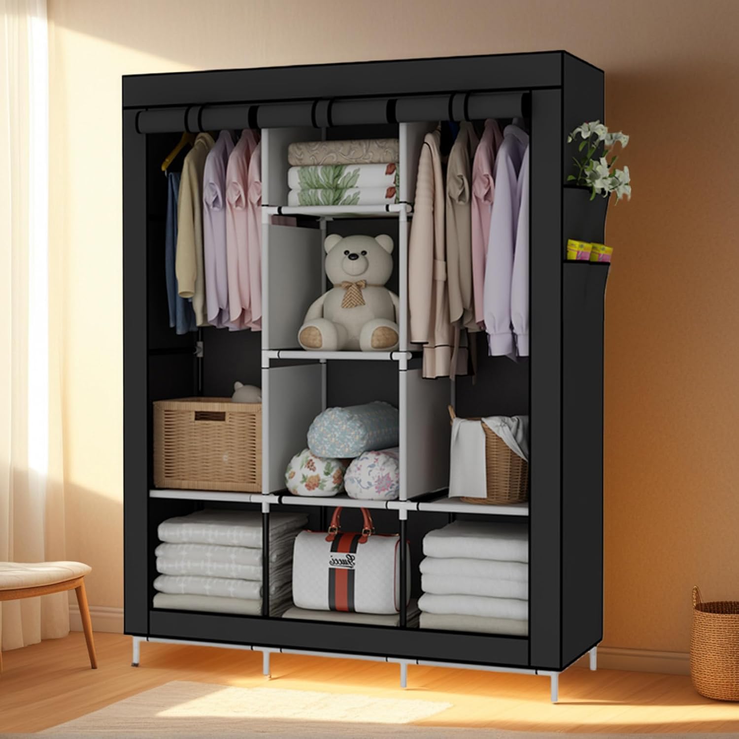 Portable Wooden  Wardrobe Closet Clothes Organizer No-Woven Fabric Cover with Storage Shelves, 2 Hanging Sections Cabinet Closet
