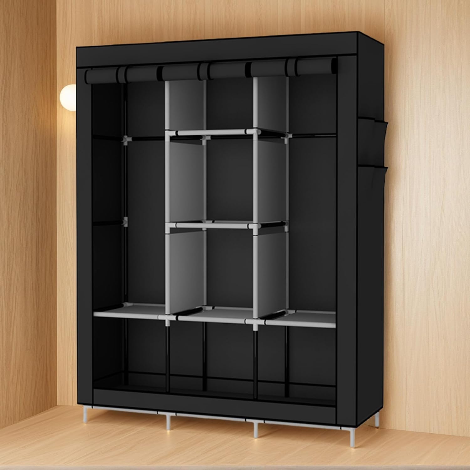 Portable Wooden  Wardrobe Closet Clothes Organizer No-Woven Fabric Cover with Storage Shelves, 2 Hanging Sections Cabinet Closet